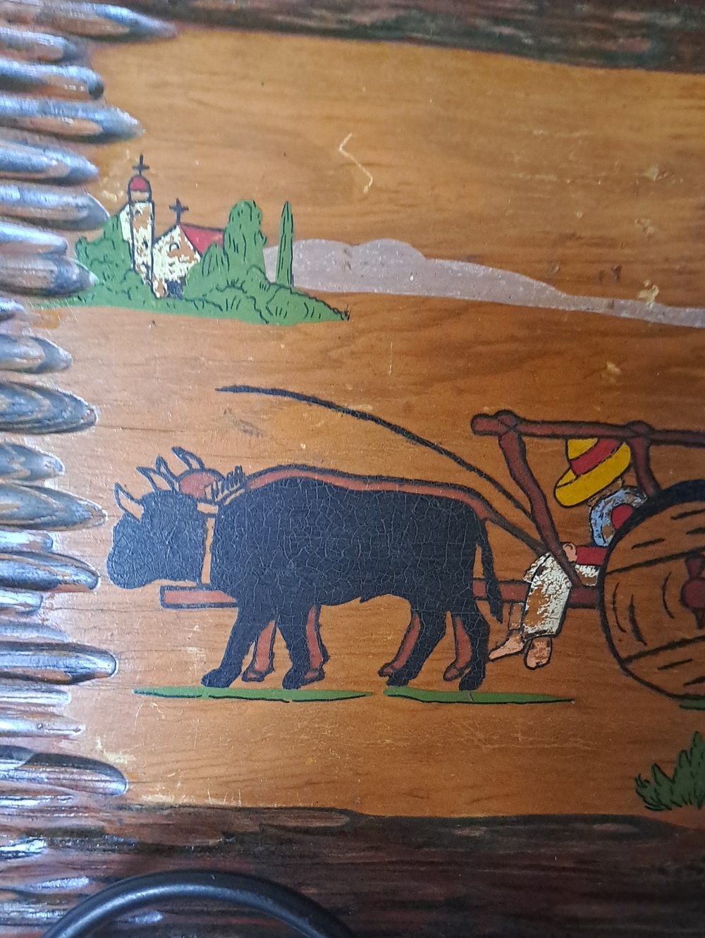 Vtg Mexican Folk Art Plaque Featuring Hand Painted Scene Of Farmer Oxen Cart - Picture 4 of 5